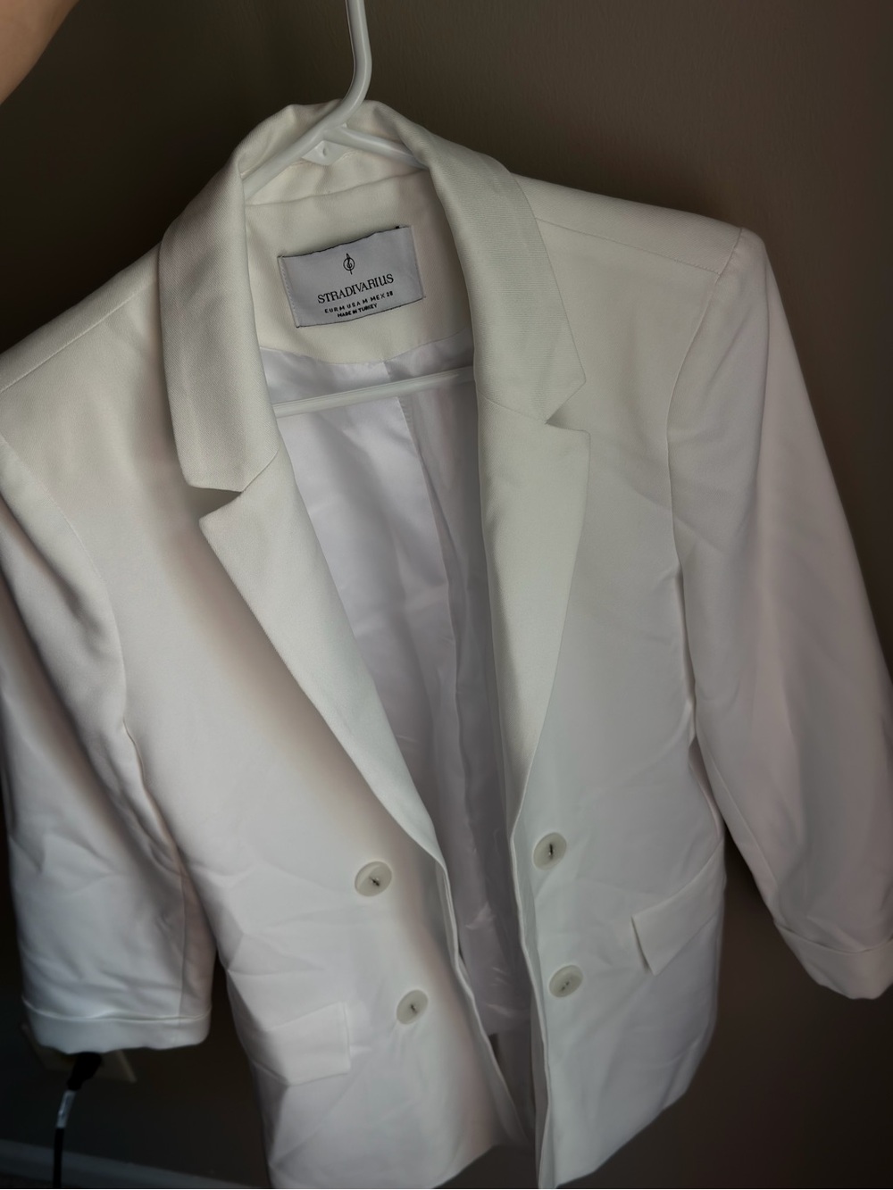 stradivarius White Double-Breasted Blazer with Notch Lapel